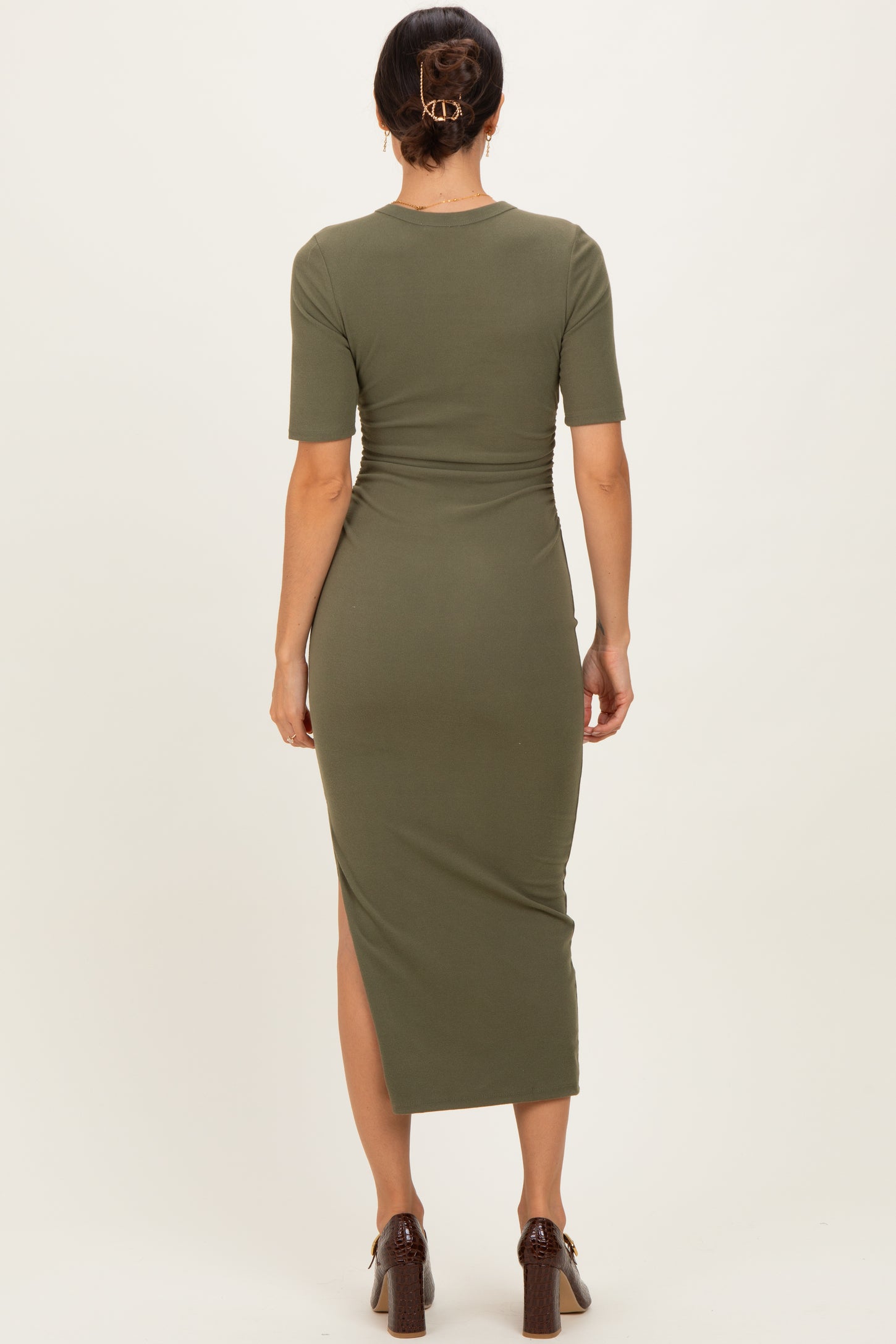 Olive Ruched Side Slit Midi Dress