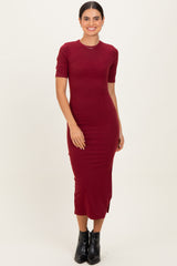 Burgundy Ruched Side Slit Maternity Midi Dress