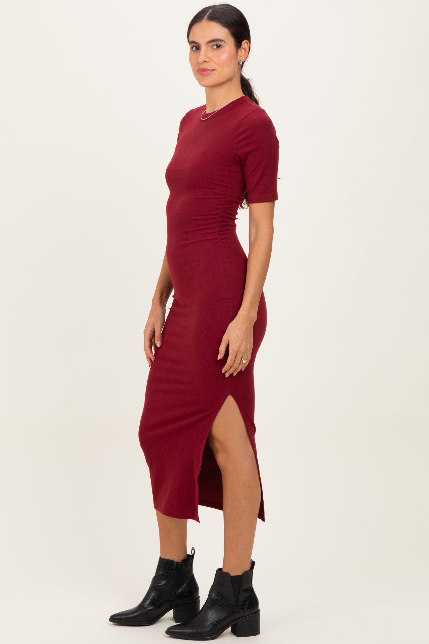 Burgundy Ruched Side Slit Midi Dress