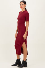 Burgundy Ruched Side Slit Midi Dress