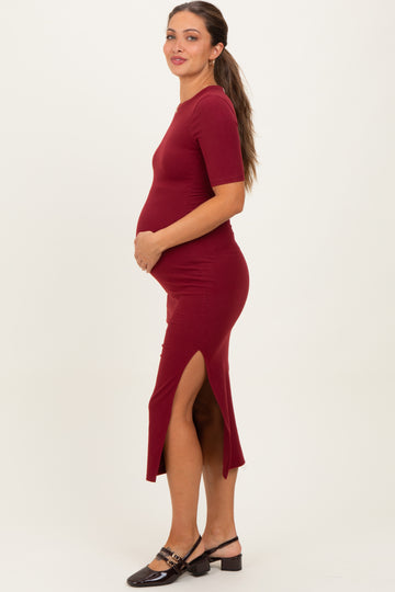 Burgundy Ruched Side Slit Maternity Midi Dress