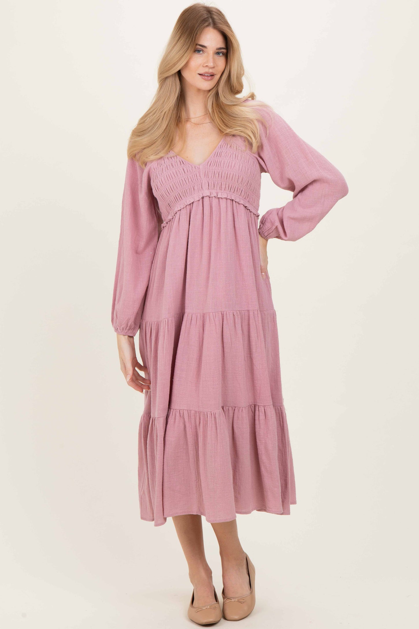 Dusty Rose Smocked Long Sleeve Maternity Midi Dress – PinkBlush