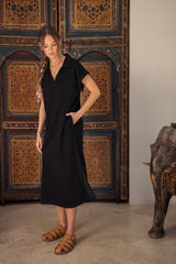 Black Collared Oversized Midi Dress