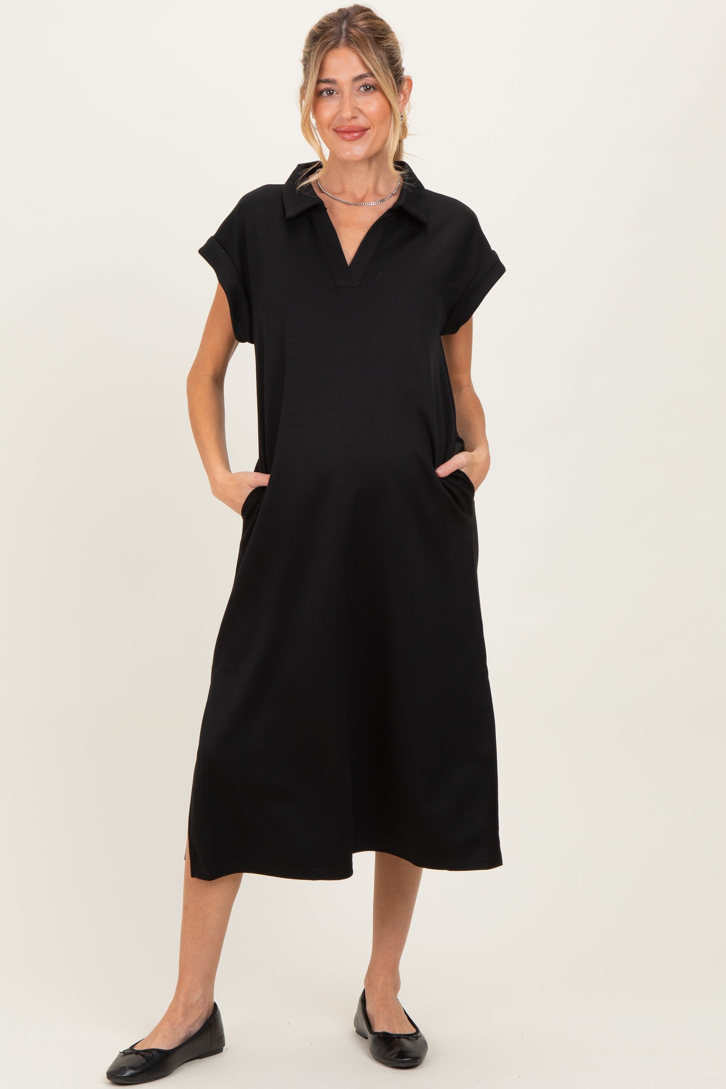 Black Collared Oversized Maternity Midi Dress