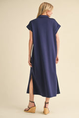Navy Collared Oversized Midi Dress