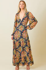 Navy Floral Deep V-Neck Tiered Maternity Maxi Dress