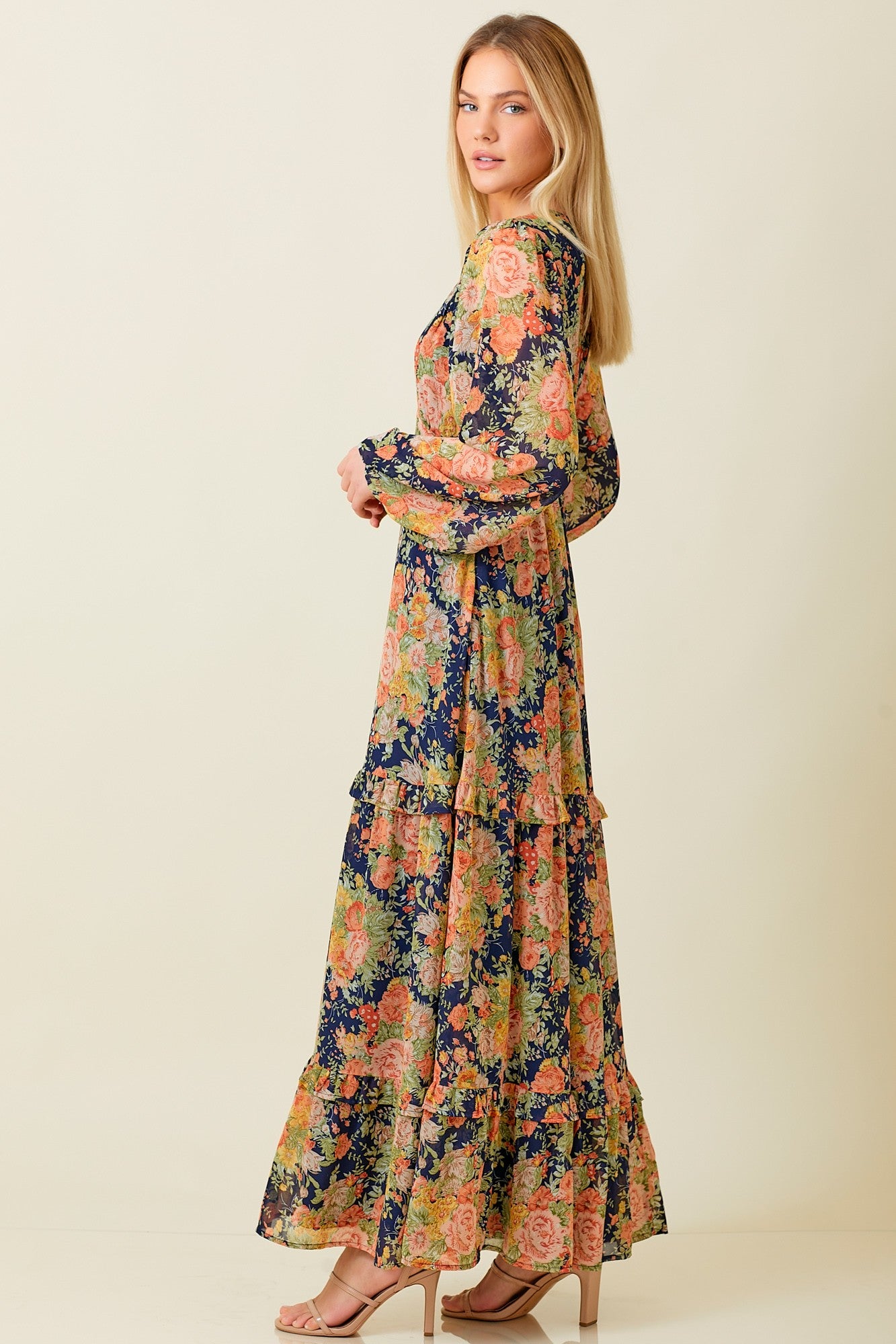 Navy Floral Deep V-Neck Tiered Maxi Dress