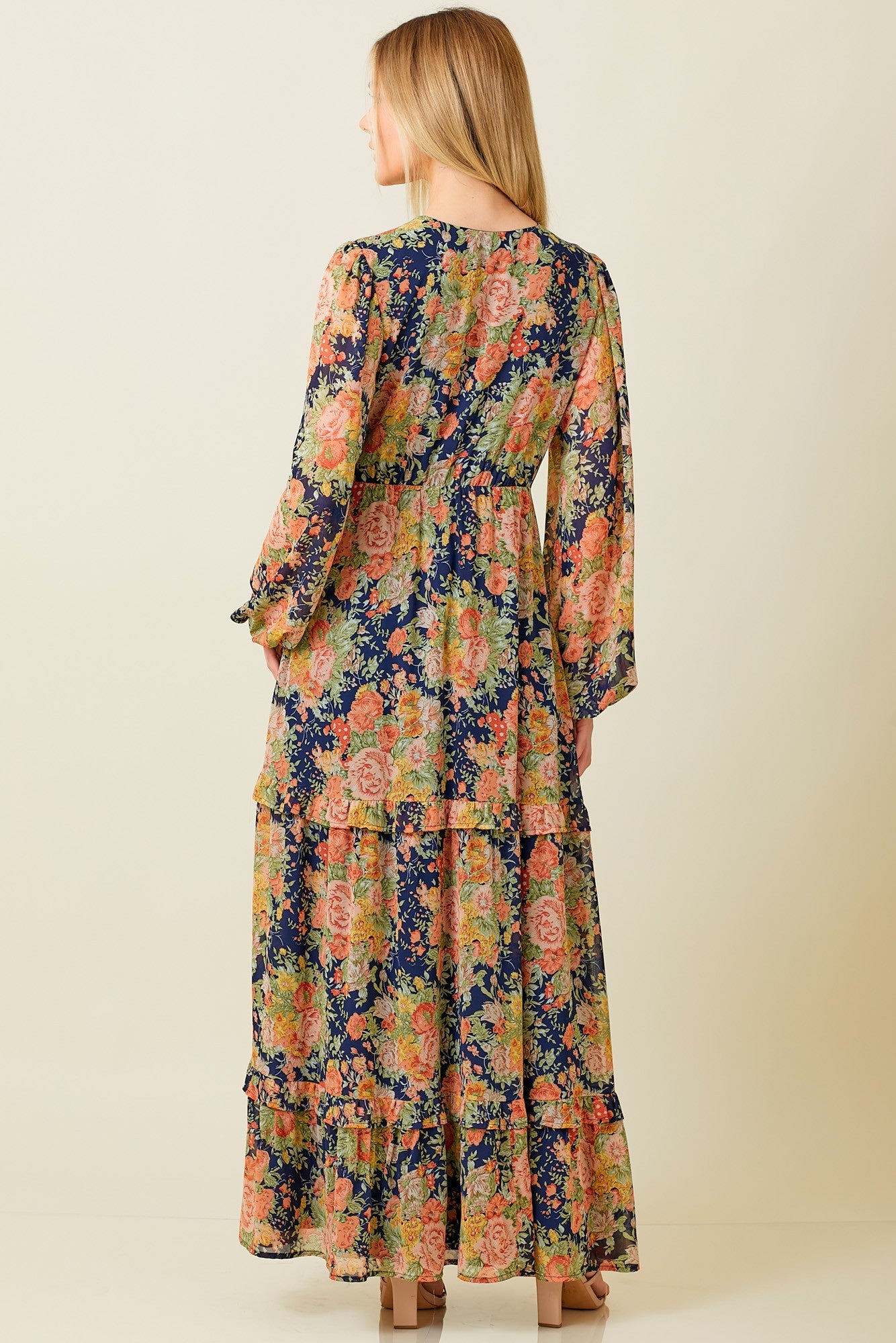Navy Floral Deep V-Neck Tiered Maxi Dress