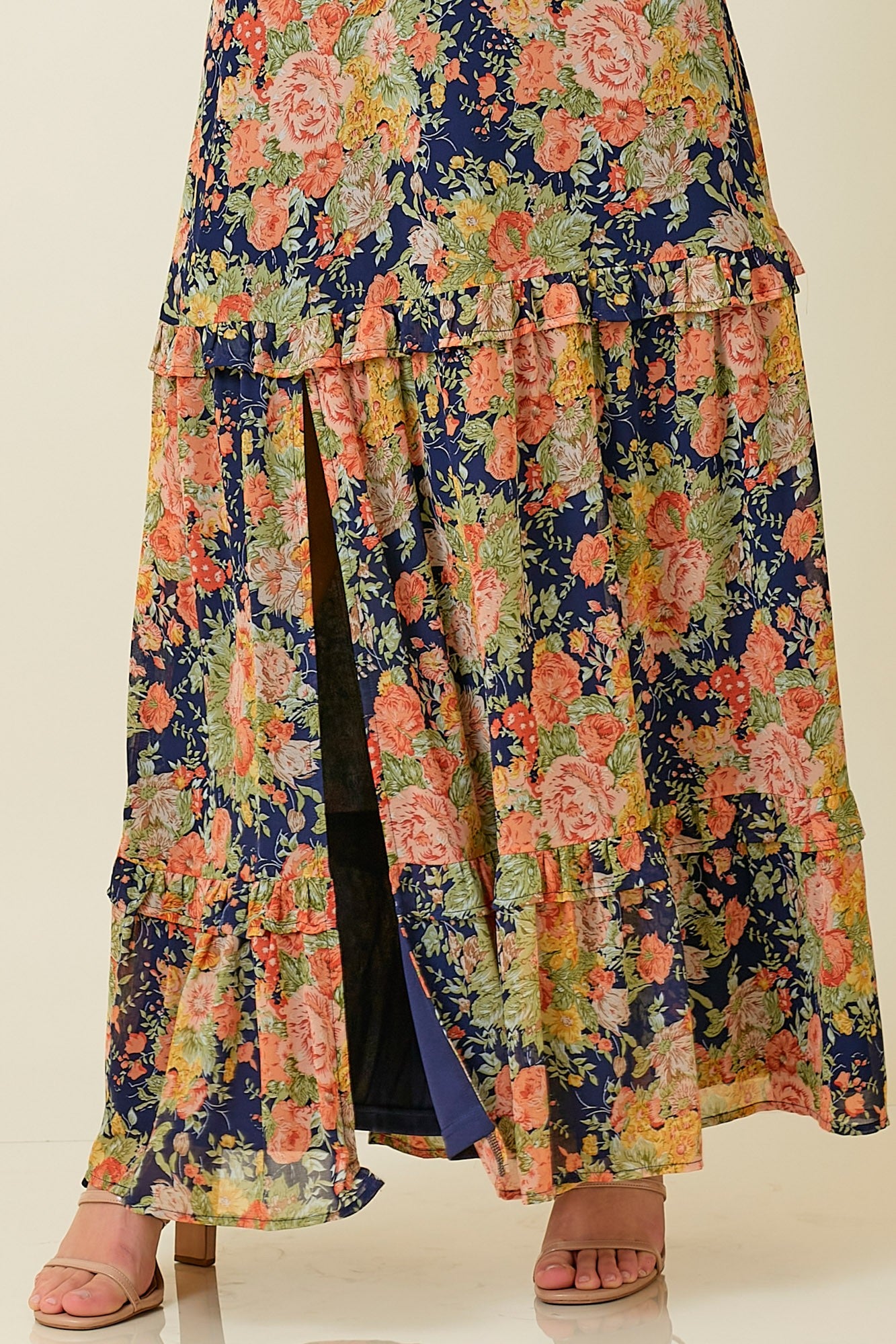 Navy Floral Deep V-Neck Tiered Maxi Dress