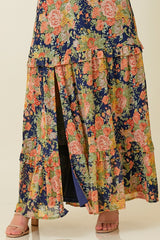 Navy Floral Deep V-Neck Tiered Maxi Dress