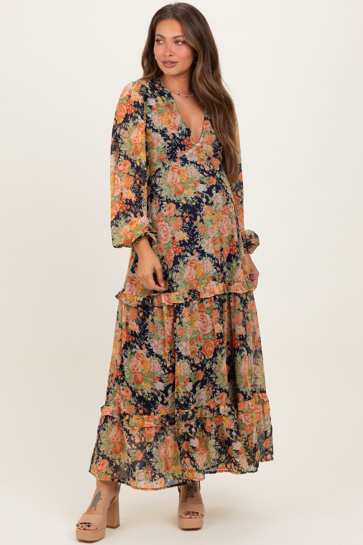 Navy Floral Deep V-Neck Tiered Maternity Maxi Dress