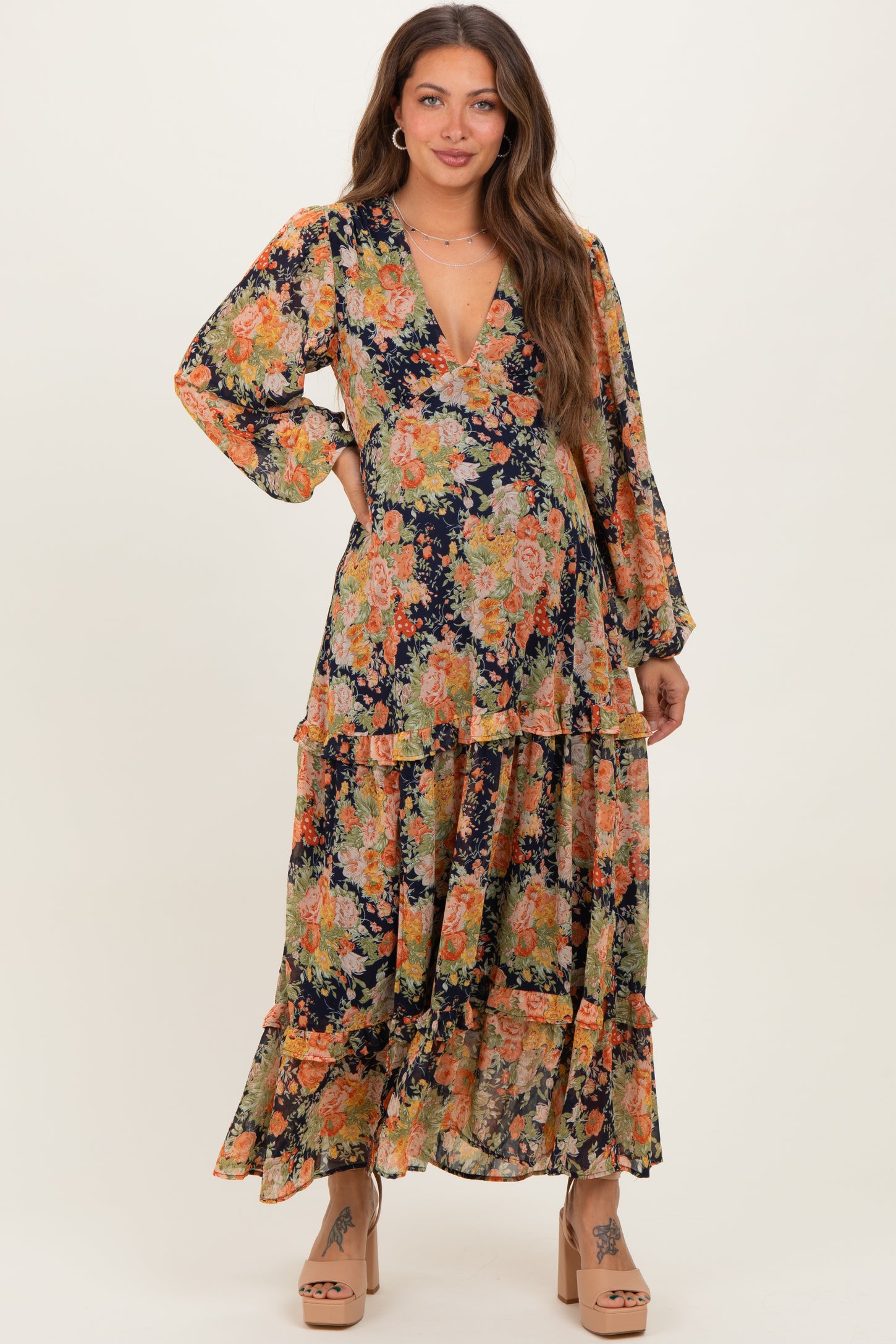 Navy Floral Deep V-Neck Tiered Maternity Maxi Dress