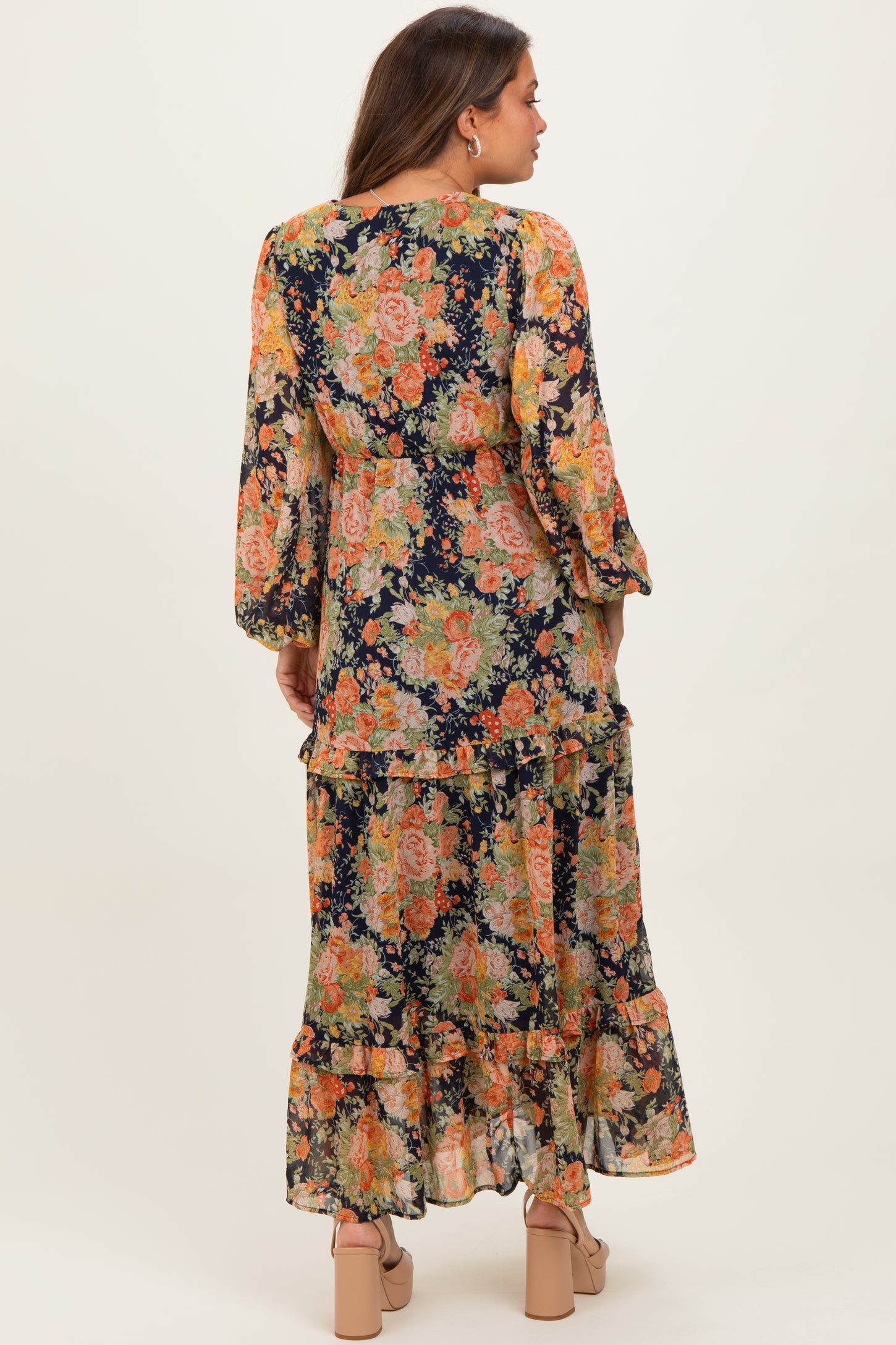 Navy Floral Deep V-Neck Tiered Maternity Maxi Dress