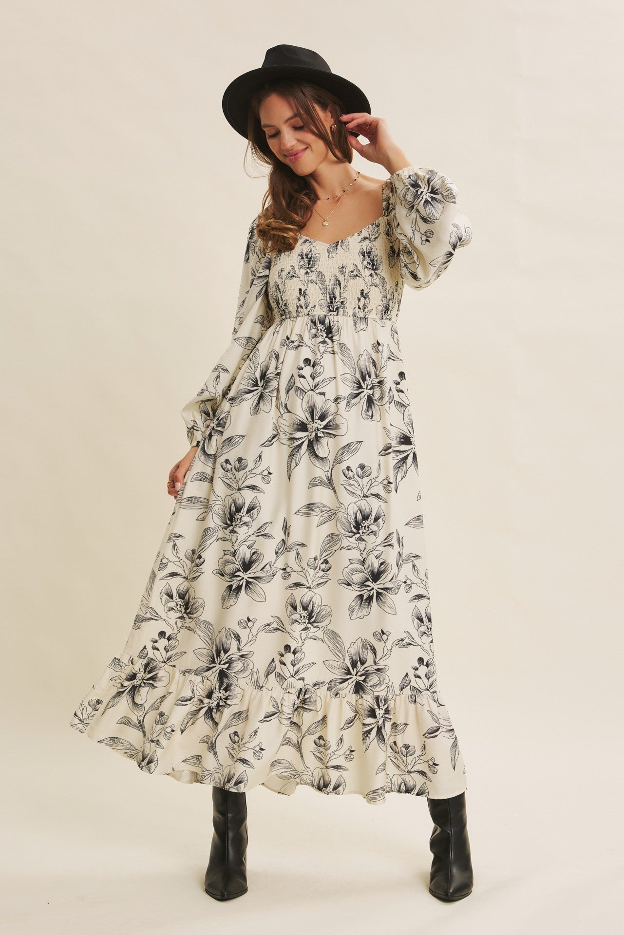 Cream Floral Smocked Long Sleeve Maternity Maxi Dress