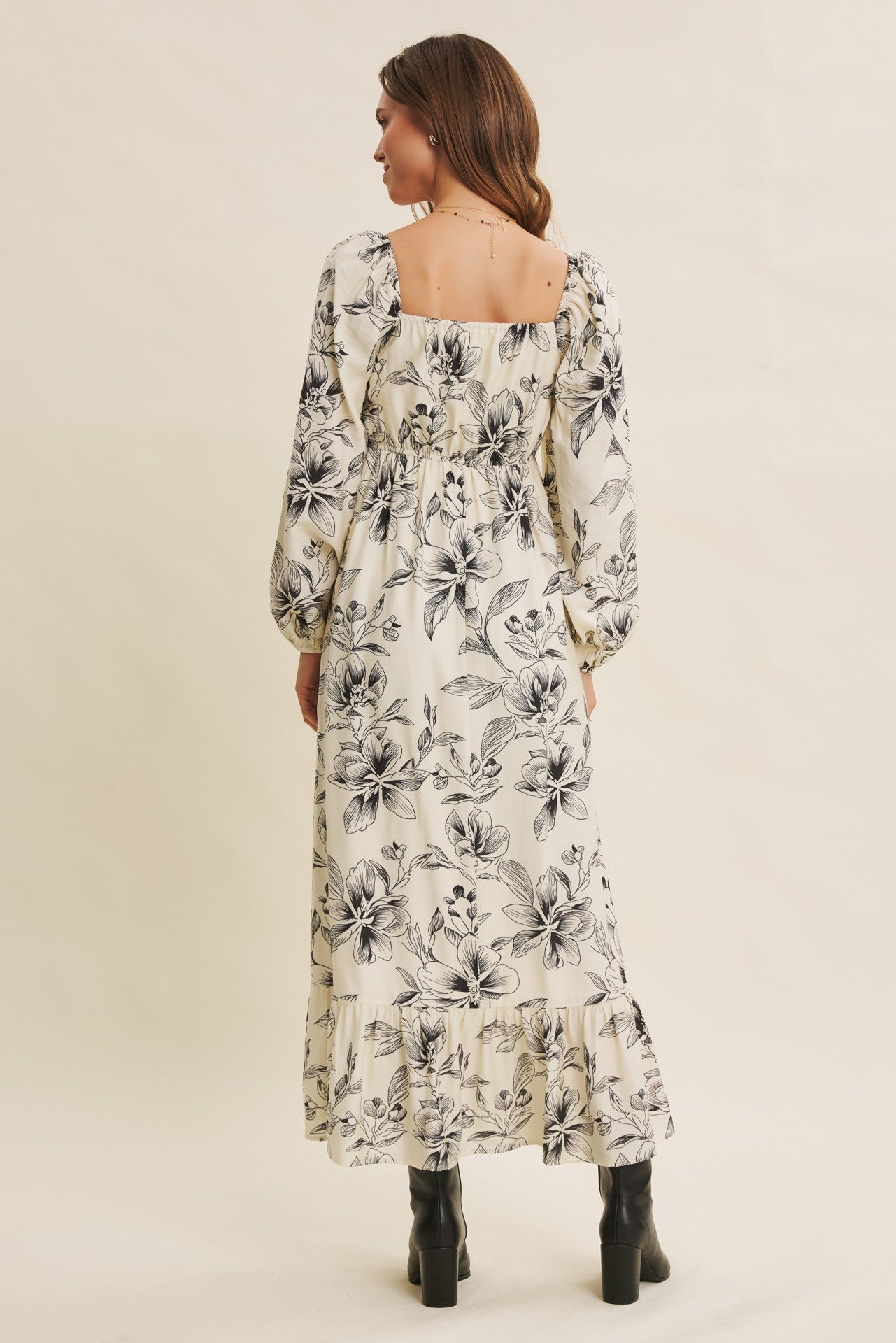 Cream Floral Smocked Long Sleeve Maxi Dress