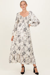 Cream Floral Smocked Long Sleeve Maternity Maxi Dress