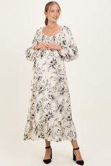 Cream Floral Smocked Long Sleeve Maternity Maxi Dress