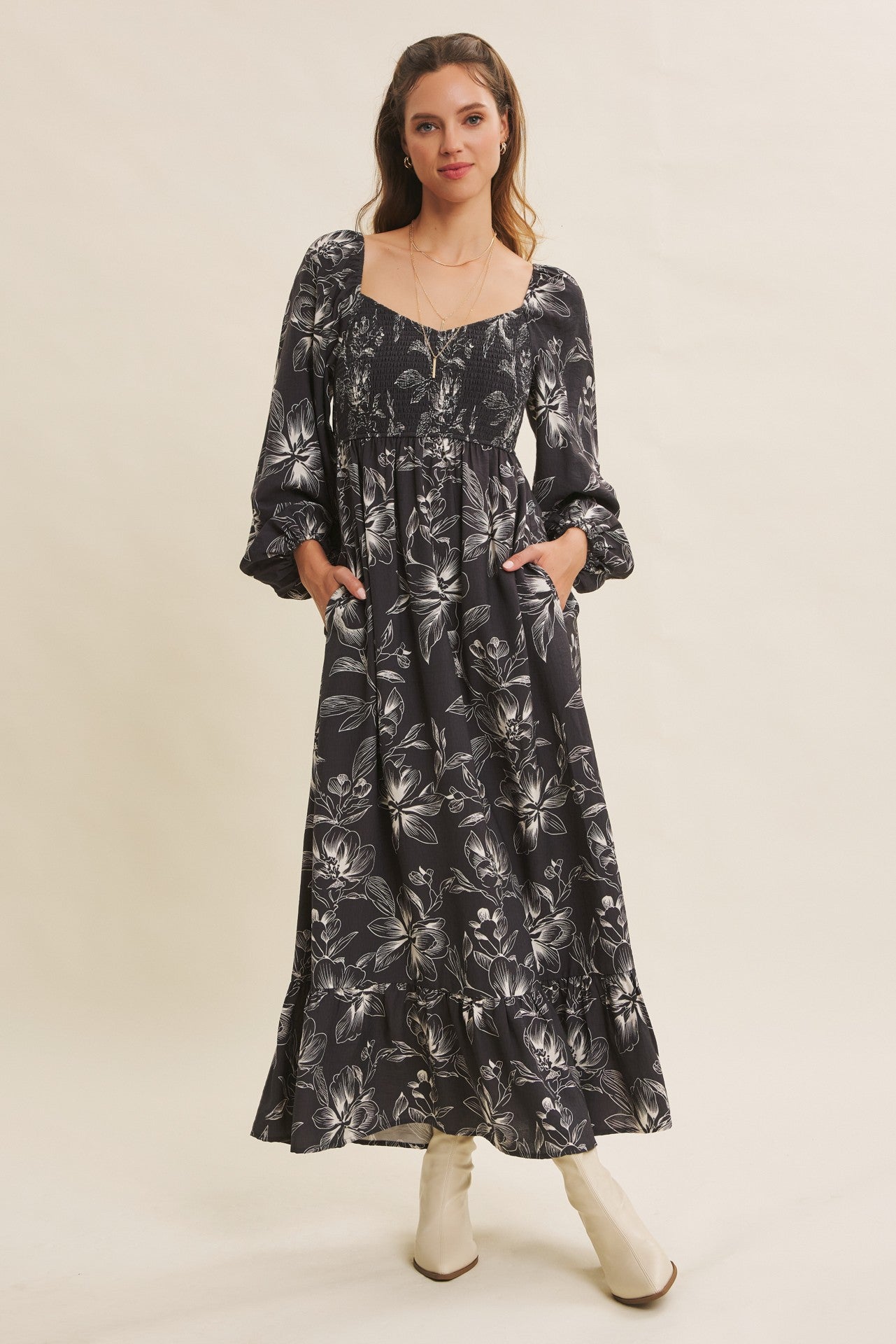 Charcoal Floral Smocked Long Sleeve Maxi Dress