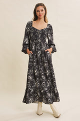 Charcoal Floral Smocked Long Sleeve Maternity Maxi Dress