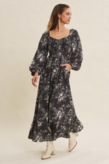 Charcoal Floral Smocked Long Sleeve Maxi Dress