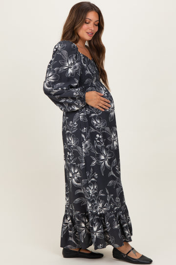 Charcoal Floral Smocked Long Sleeve Maternity Maxi Dress