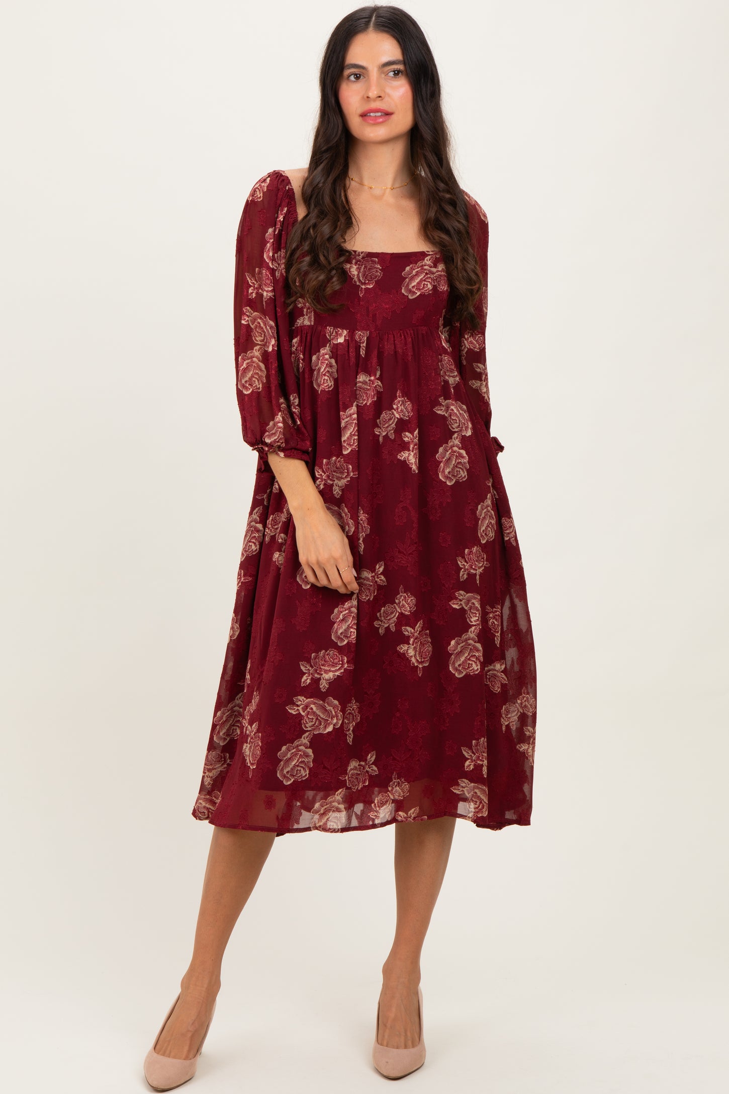 Burgundy Floral Textured Midi Dress