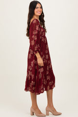 Burgundy Floral Textured Midi Dress