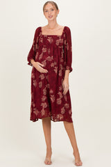 Burgundy Floral Textured Maternity Midi Dress