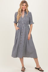 Black Gingham Smocked Button Down Maternity Midi Dress