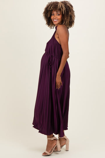Purple Pleated Maternity Halter Dress