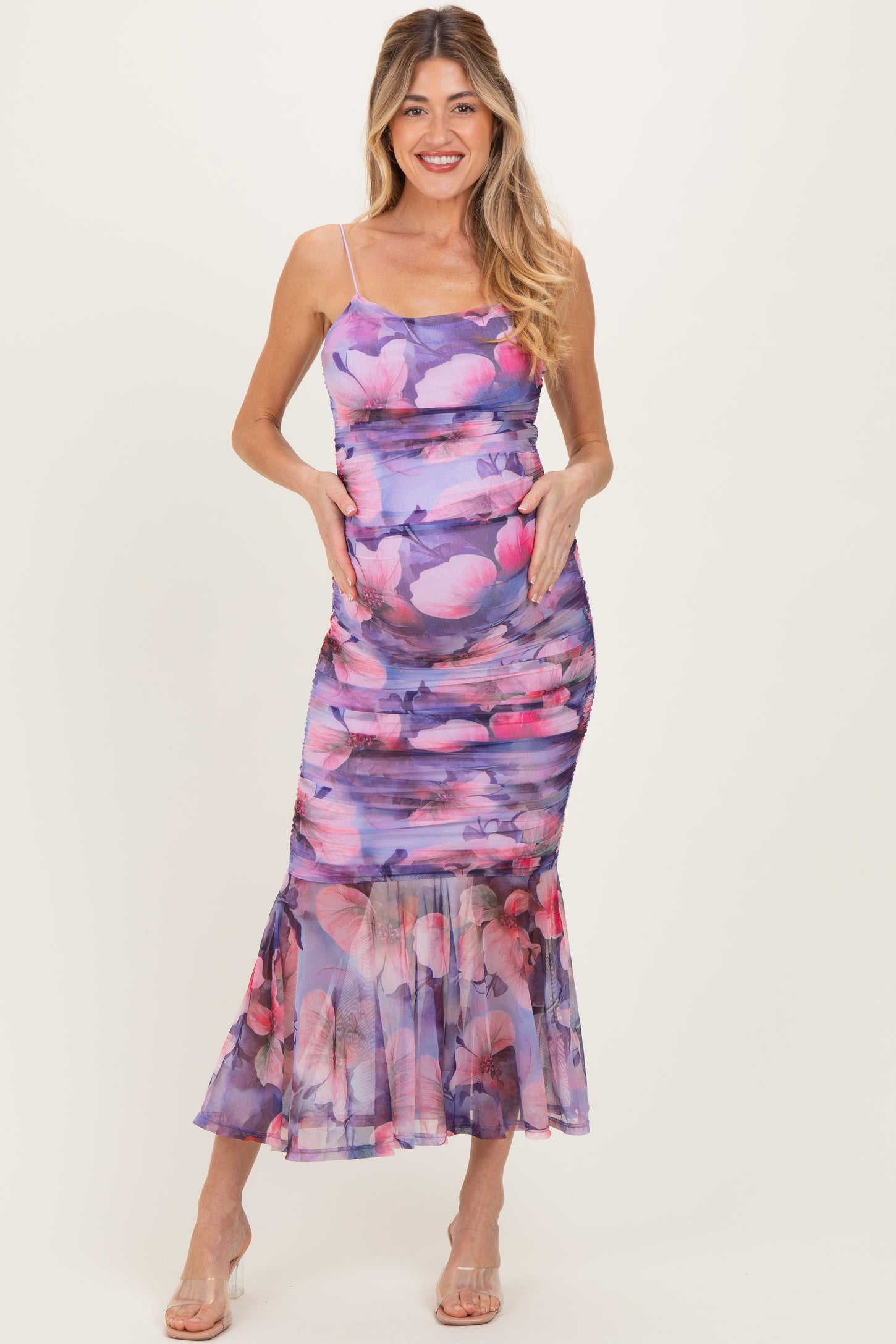 Purple Floral Ruched Fitted Maternity Midi Dress