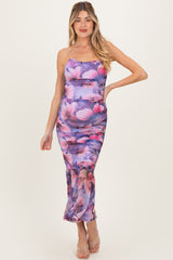 Purple Floral Ruched Fitted Maternity Midi Dress