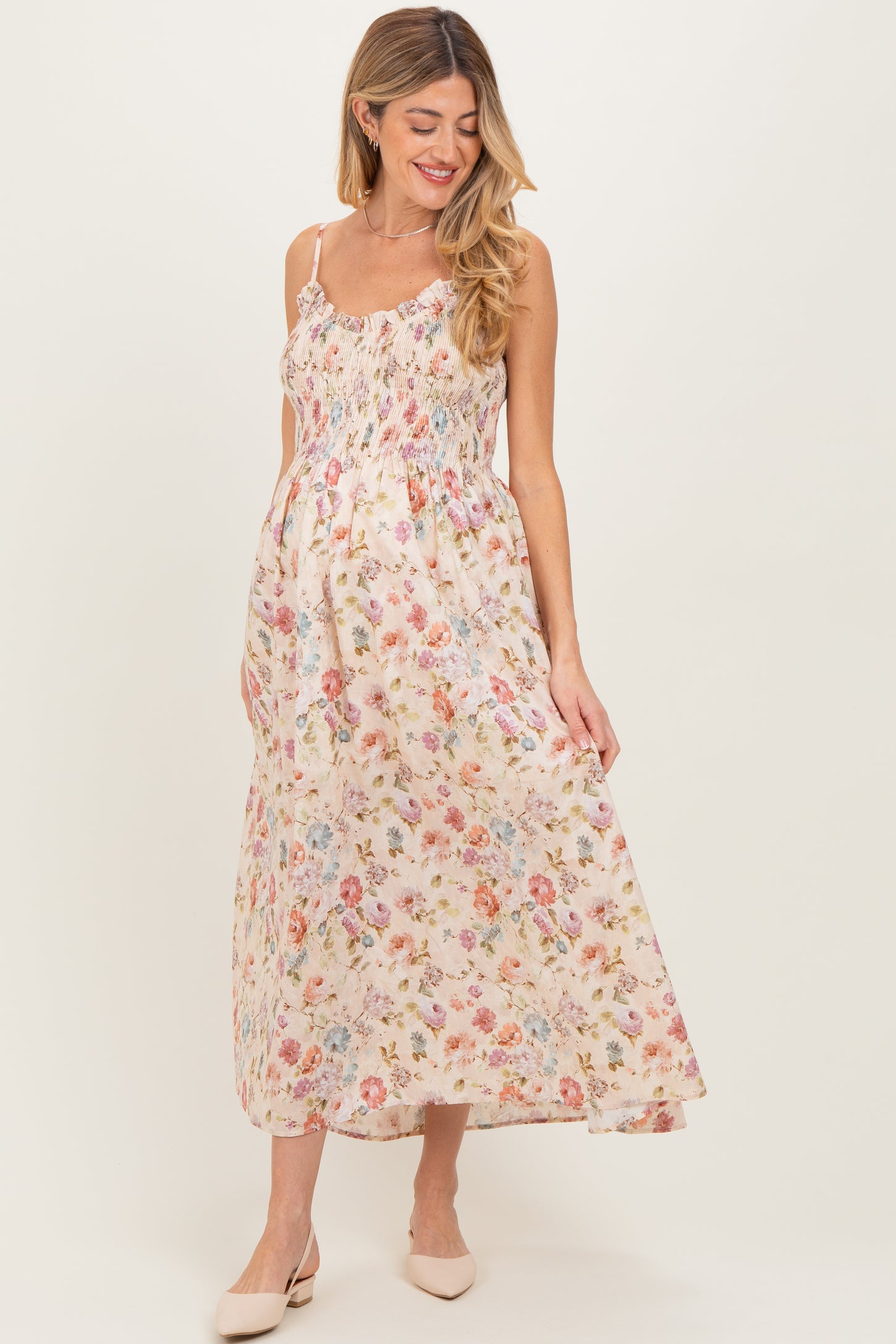Cream Floral Smocked Ruffle Detail Maternity Midi Dress
