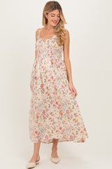 Cream Floral Smocked Ruffle Detail Maternity Midi Dress