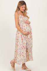 Cream Floral Smocked Ruffle Detail Maternity Midi Dress