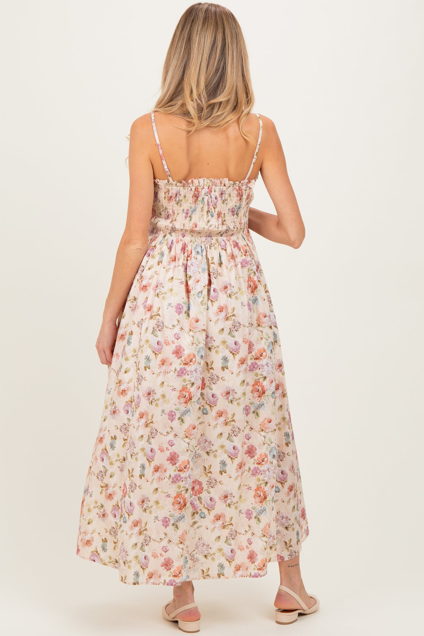 Cream Floral Smocked Ruffle Detail Maternity Midi Dress