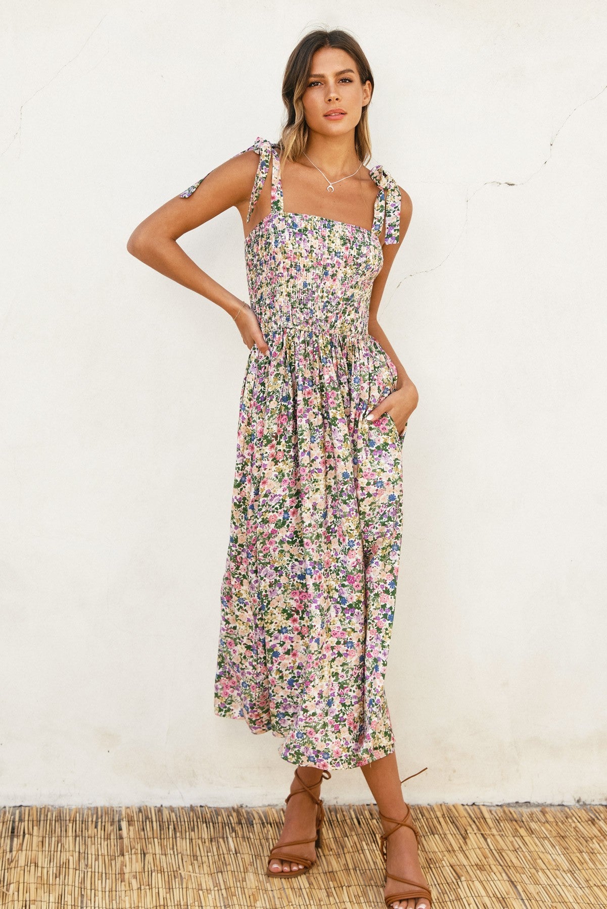 Pink Floral Smocked Shoulder Tie Midi Dress