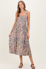 Pink Floral Smocked Shoulder Tie Maternity Midi Dress