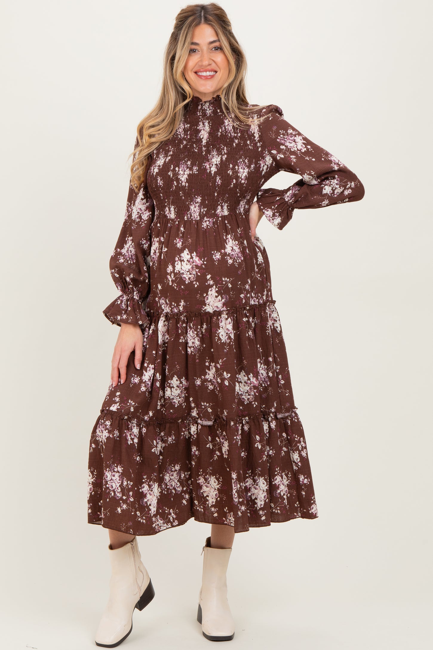 Brown Floral Smocked Ruffle Tier Maternity Midi Dress