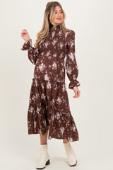 Brown Floral Smocked Ruffle Tier Maternity Midi Dress