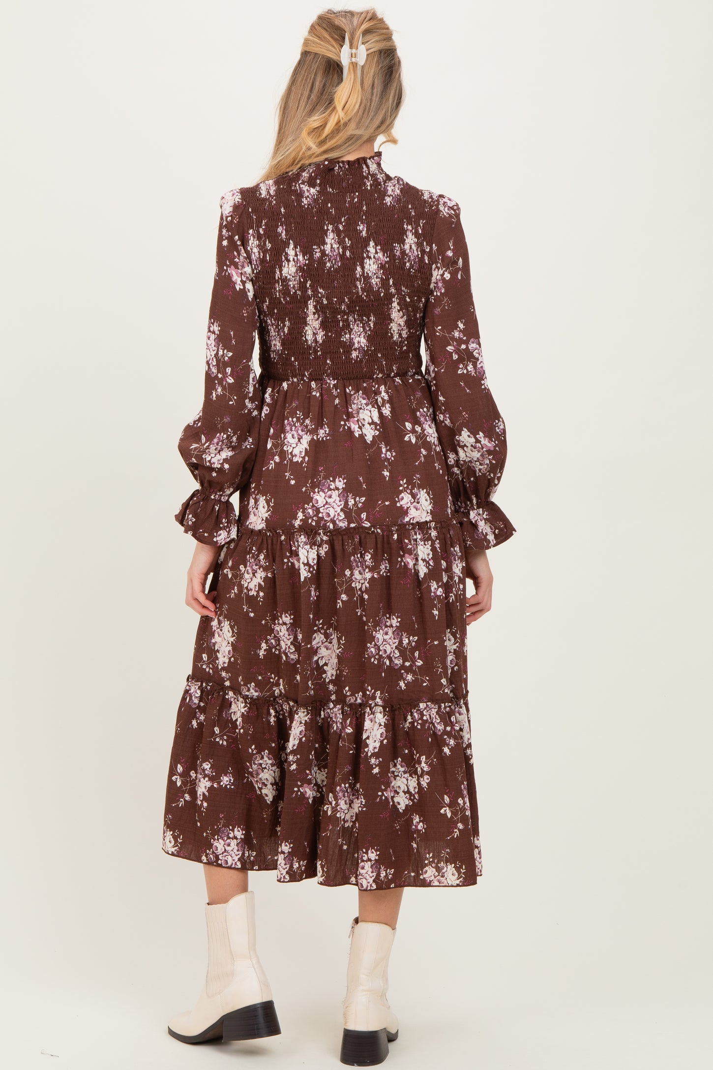 Brown Floral Smocked Ruffle Tier Maternity Midi Dress
