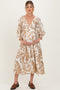 Mocha Damask Smocked Ruffle Tier Maternity Midi Dresses