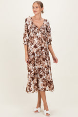 Brown Floral Smocked Front Tie Maternity Maxi Dress