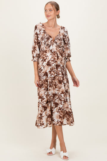 Brown Floral Smocked Front Tie Maternity Maxi Dress