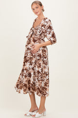 Brown Floral Smocked Front Tie Maternity Maxi Dress