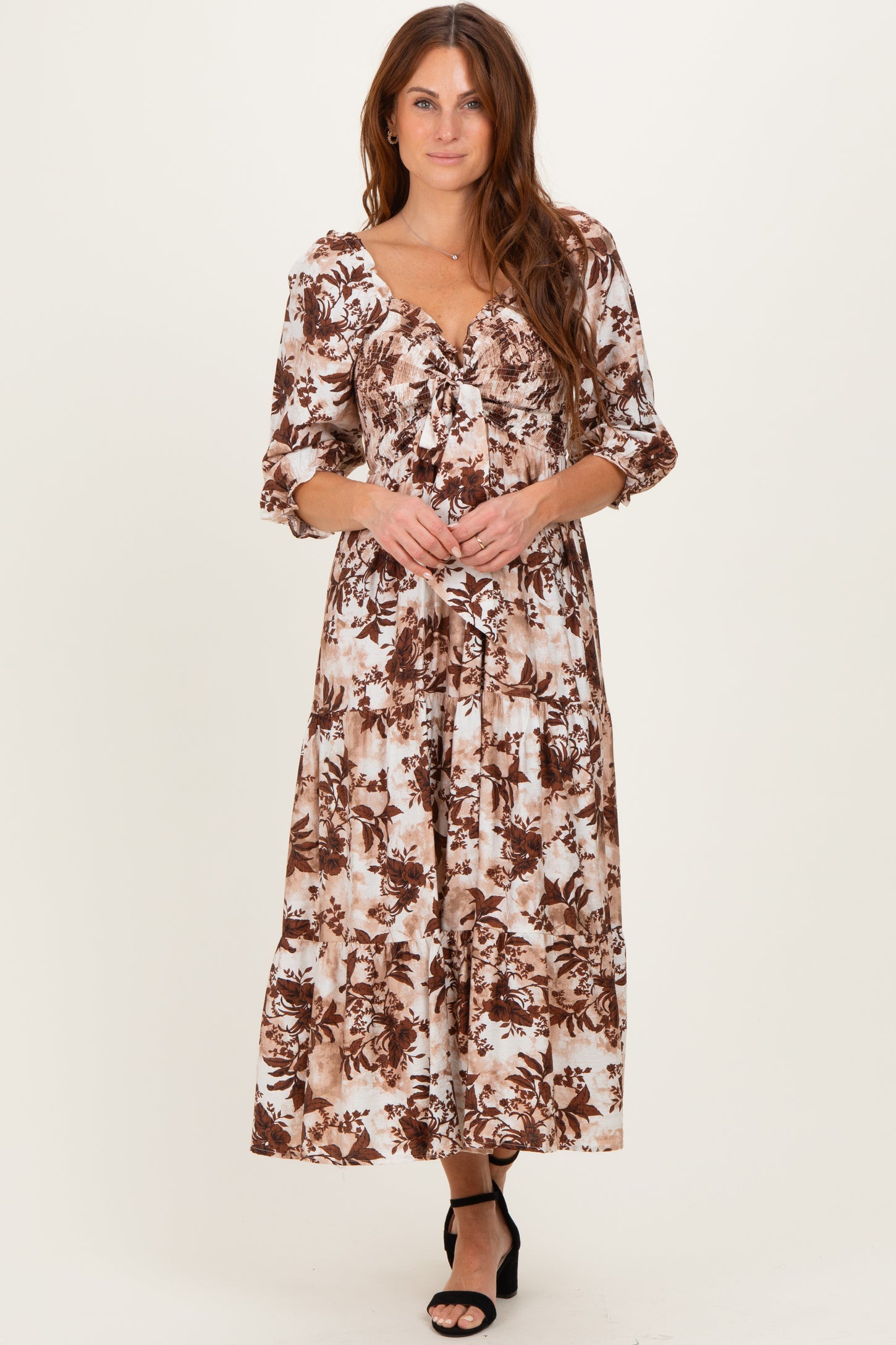 Brown Floral Smocked Front Tie Maxi Dress