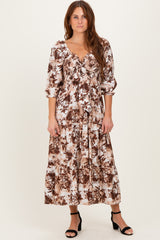 Brown Floral Smocked Front Tie Maxi Dress