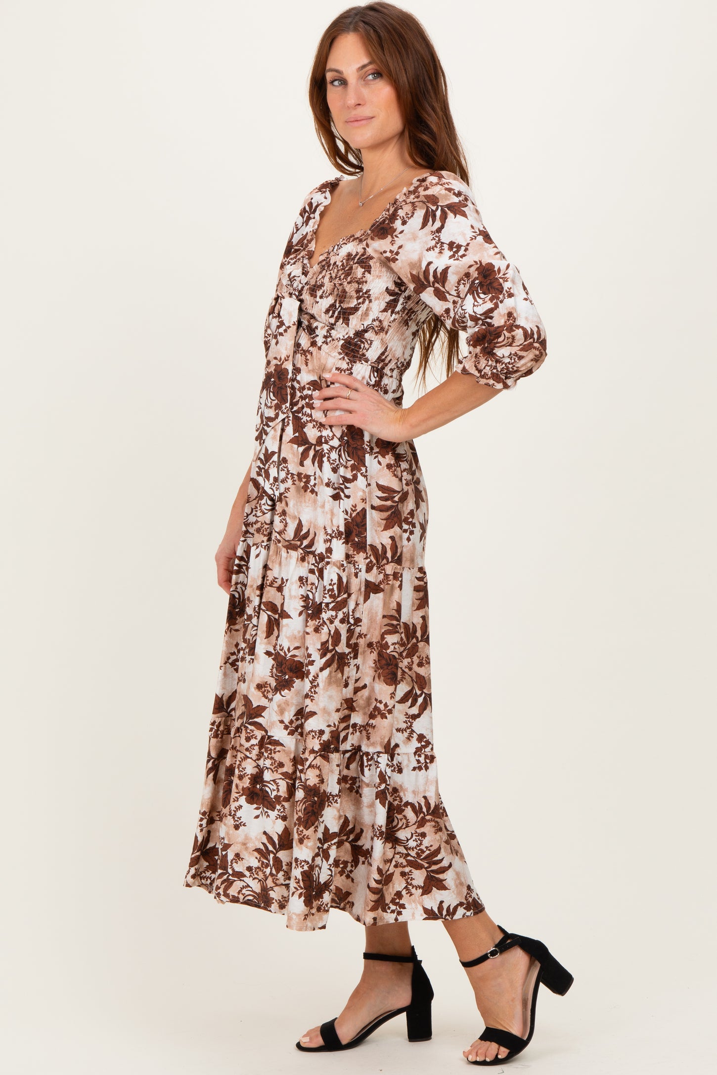 Brown Floral Smocked Front Tie Maxi Dress