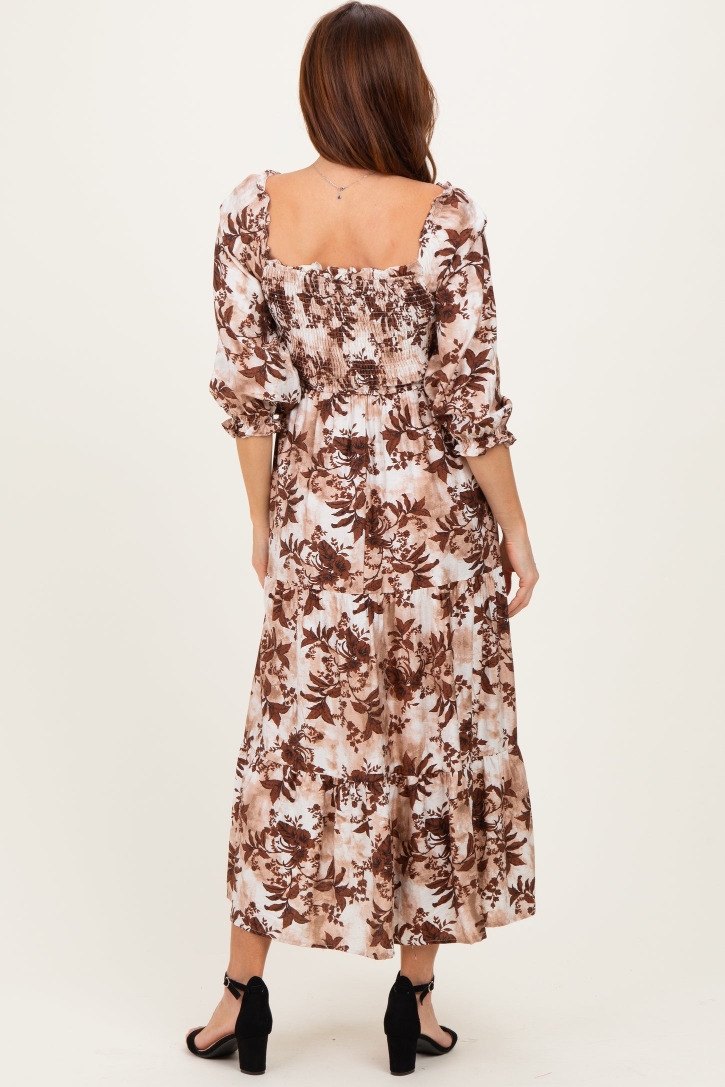 Brown Floral Smocked Front Tie Maxi Dress