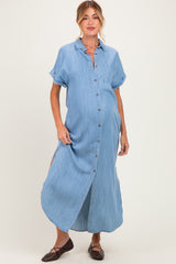 Light Blue Chambray Button Down Maternity Shirt Dress
